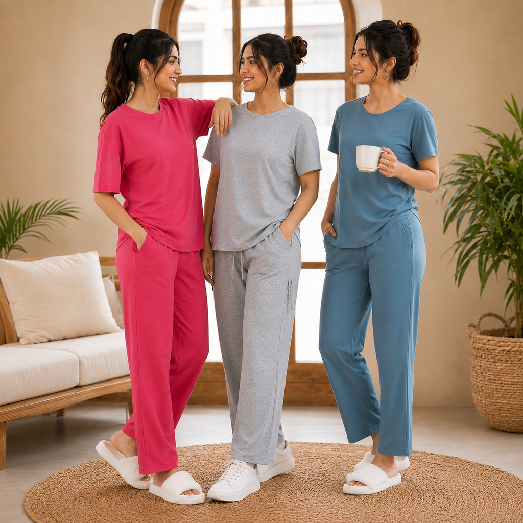 Pack of 3  Women Cotton T-Shirt Trouser Set (T-3)
